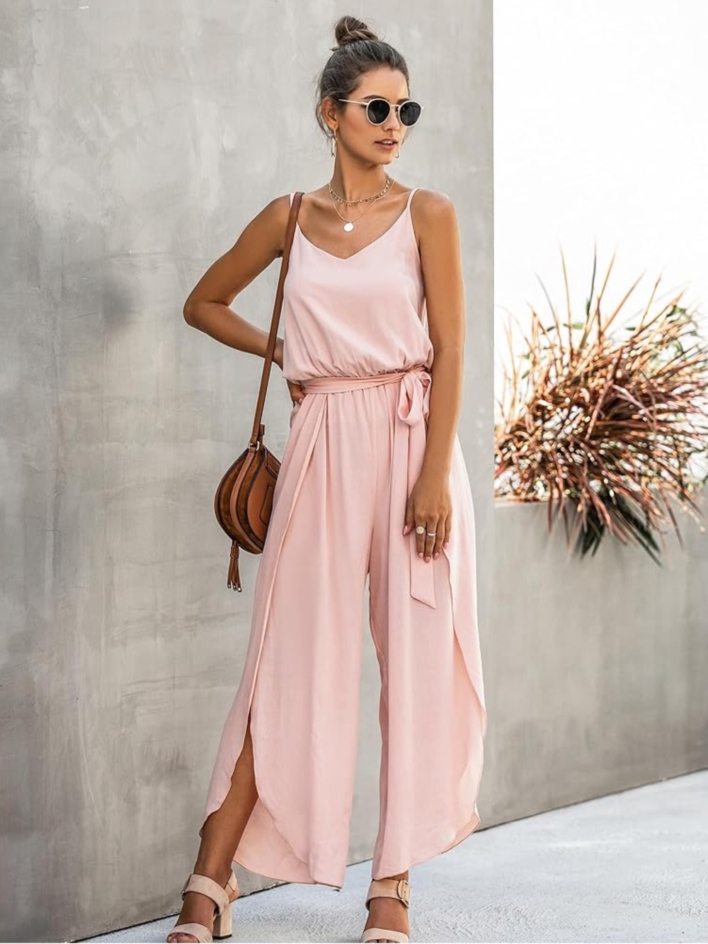 Blush Pink Sleeveless Wide-Leg Jumpsuit with Self-Tie Waist